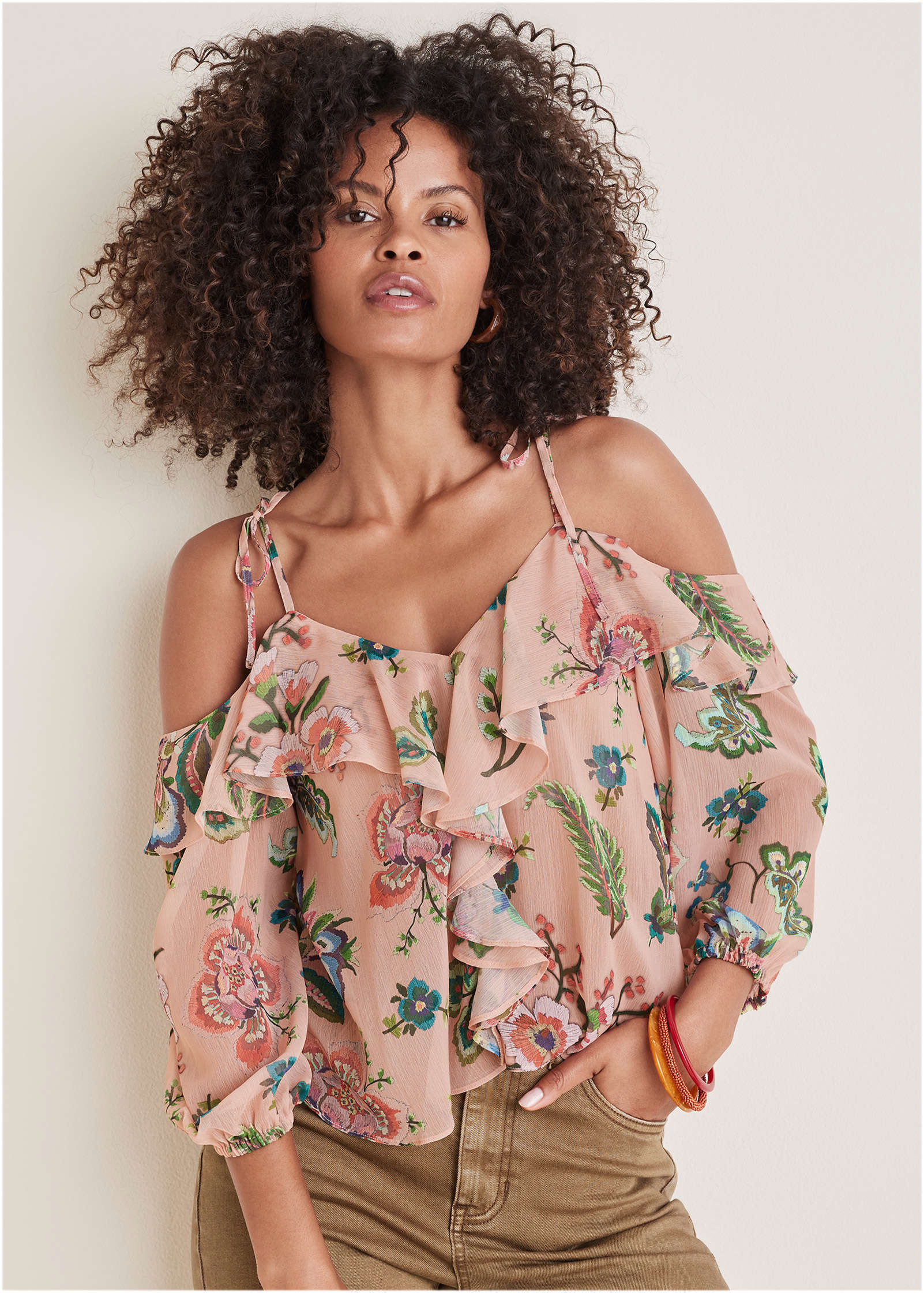 Chiffon Cold Shoulder Top - Allover Needlework Floral