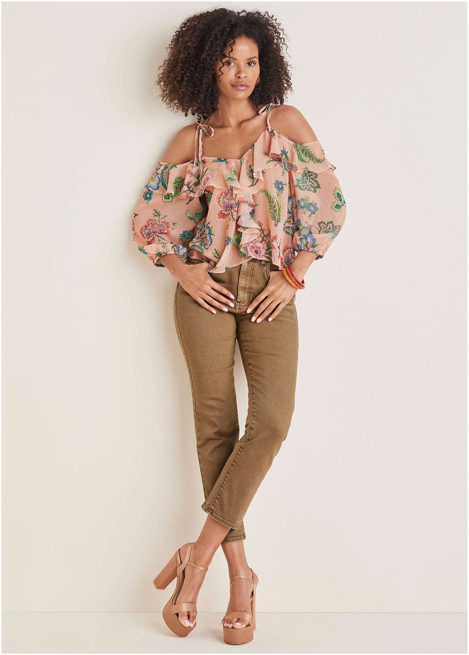 Chiffon Cold Shoulder Top - Allover Needlework Floral