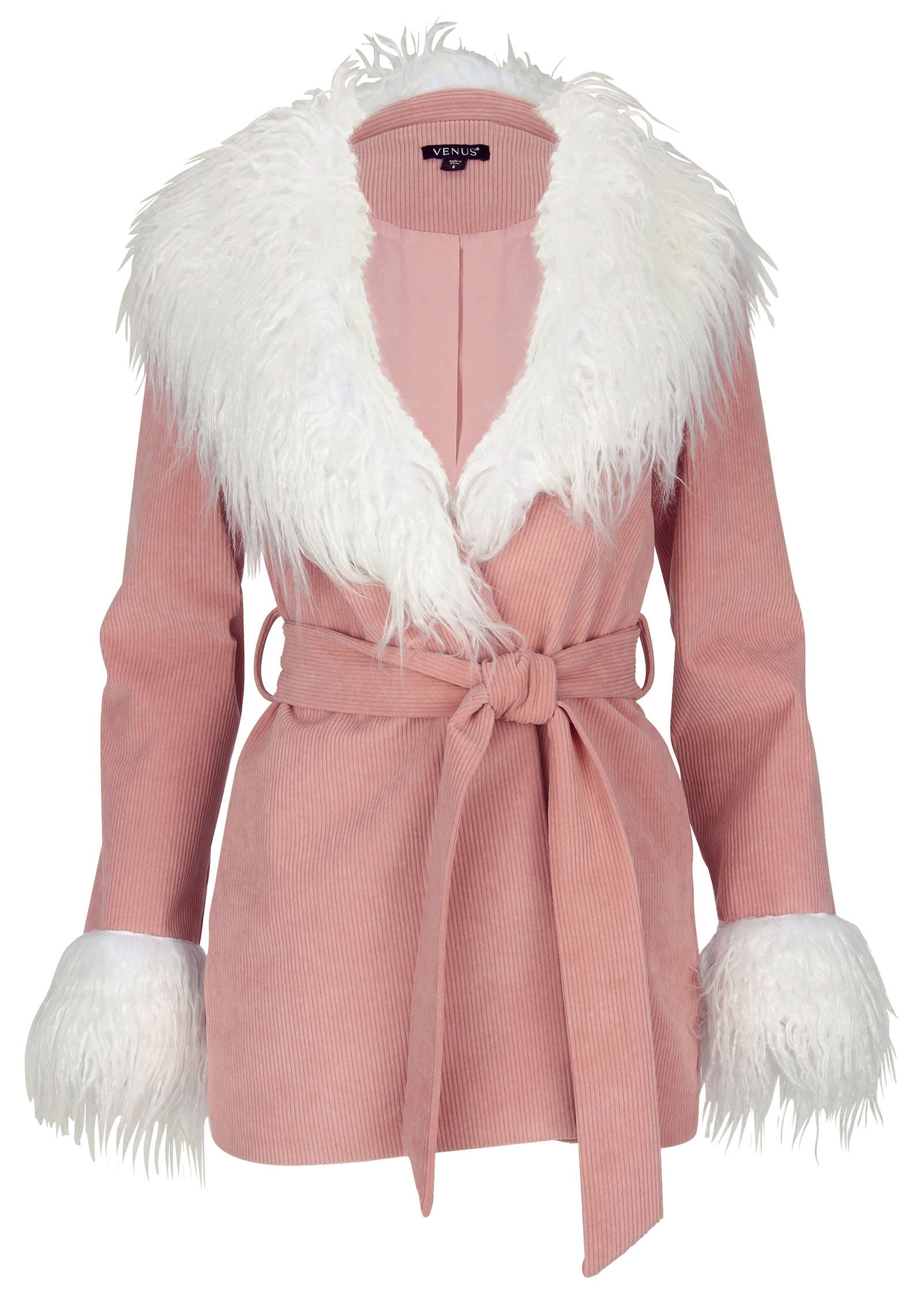 Corduroy Fur Trim Coat - Pink