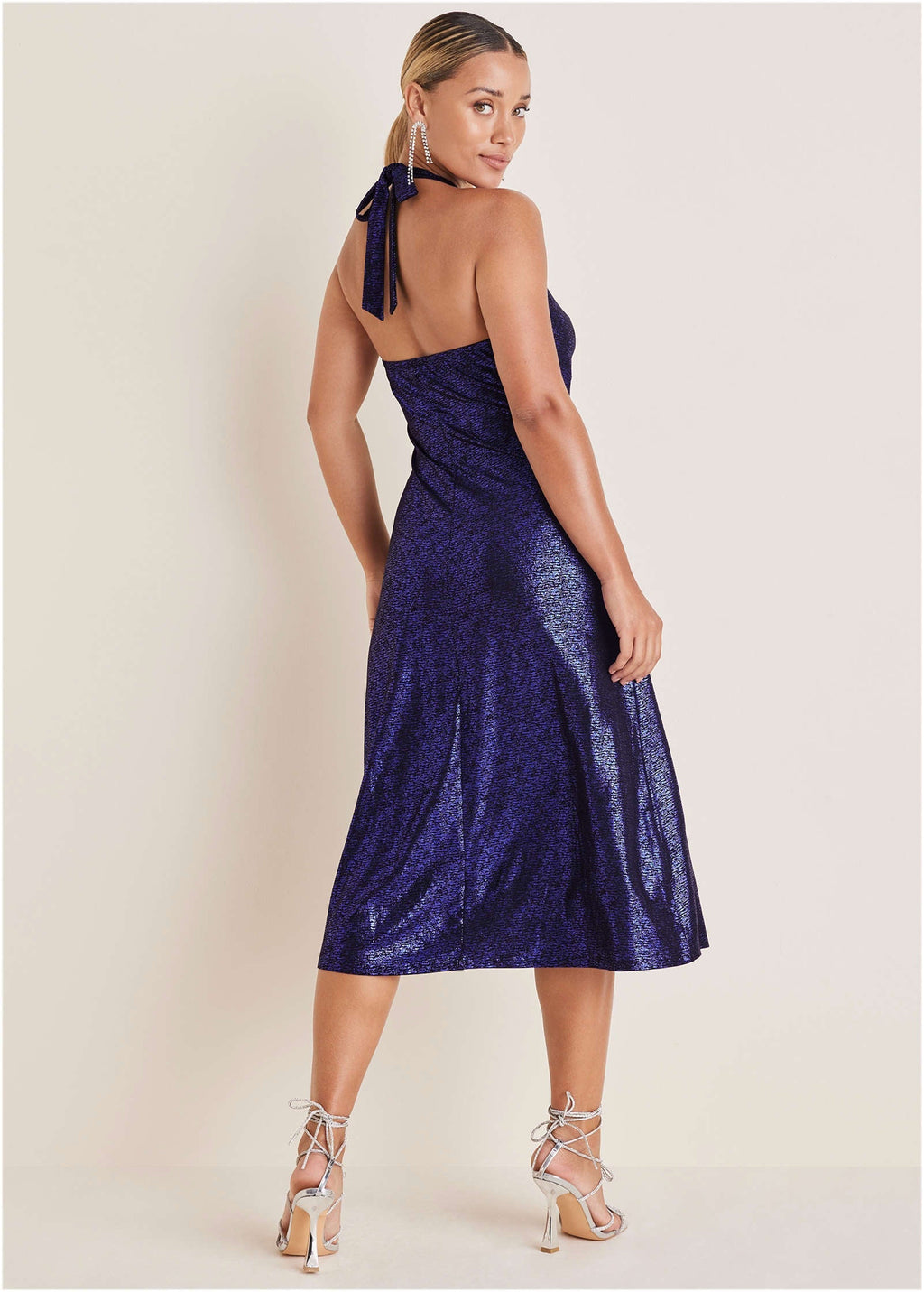 Metallic Halter Midi Dress - Deep Blue