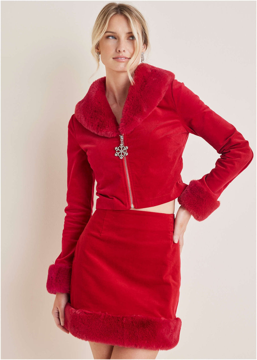 Faux Fur Trim Velvet Coat - Haute Red