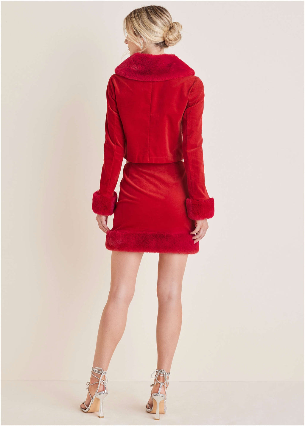 Faux Fur Trim Velvet Coat - Haute Red