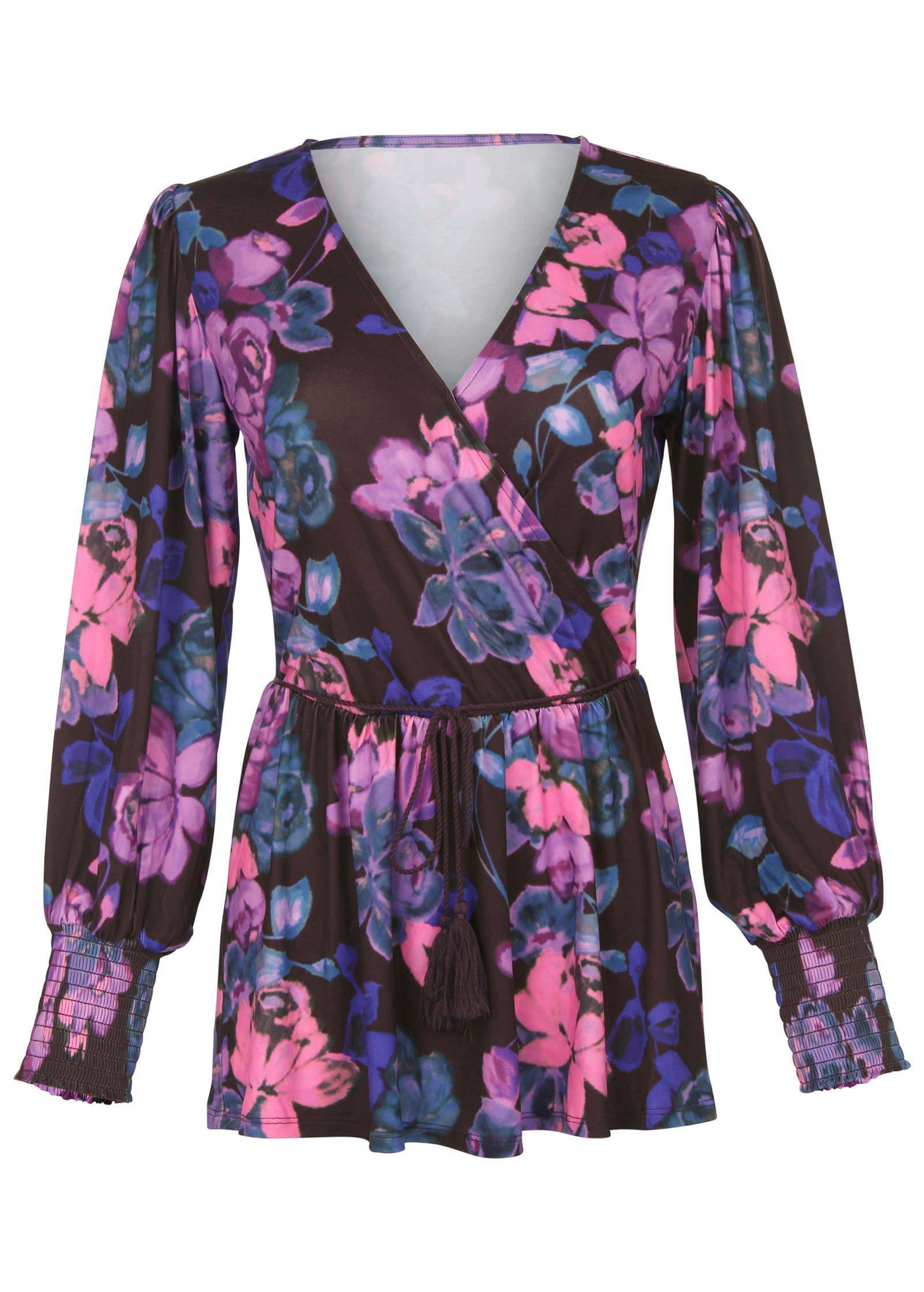 Balloon Sleeve Wrap Front Top - Electric Bouquet