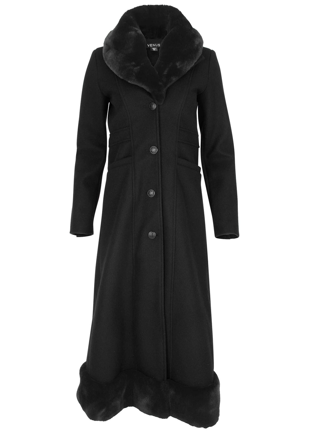 Faux-Fur Trim Long Coat - Jet Black