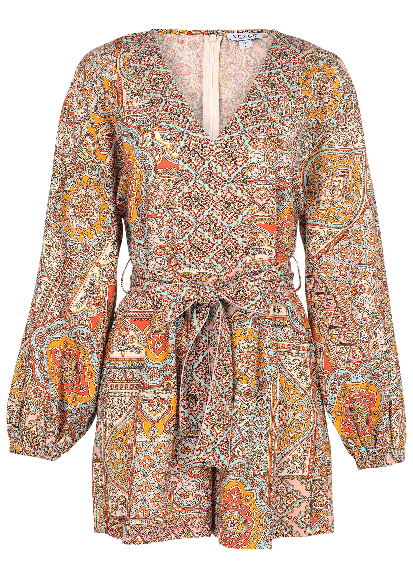 Linen Tie-Waist Romper - Medallion Golden Patchwork