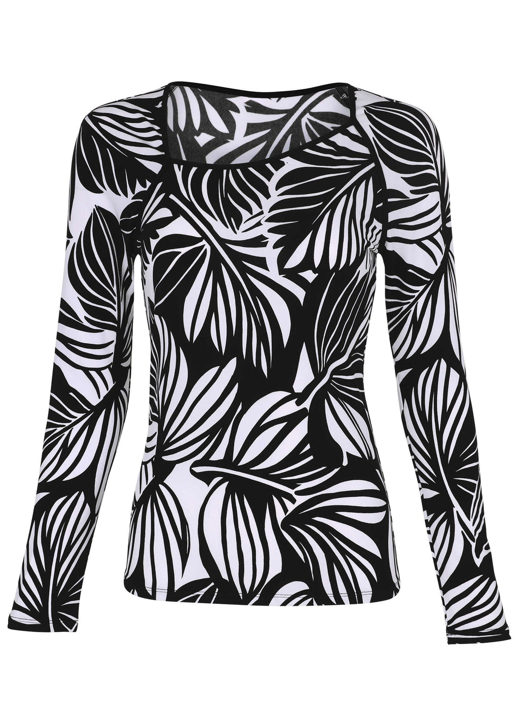 Asymmetric Neck Top - Black Contrast Bold Leaves