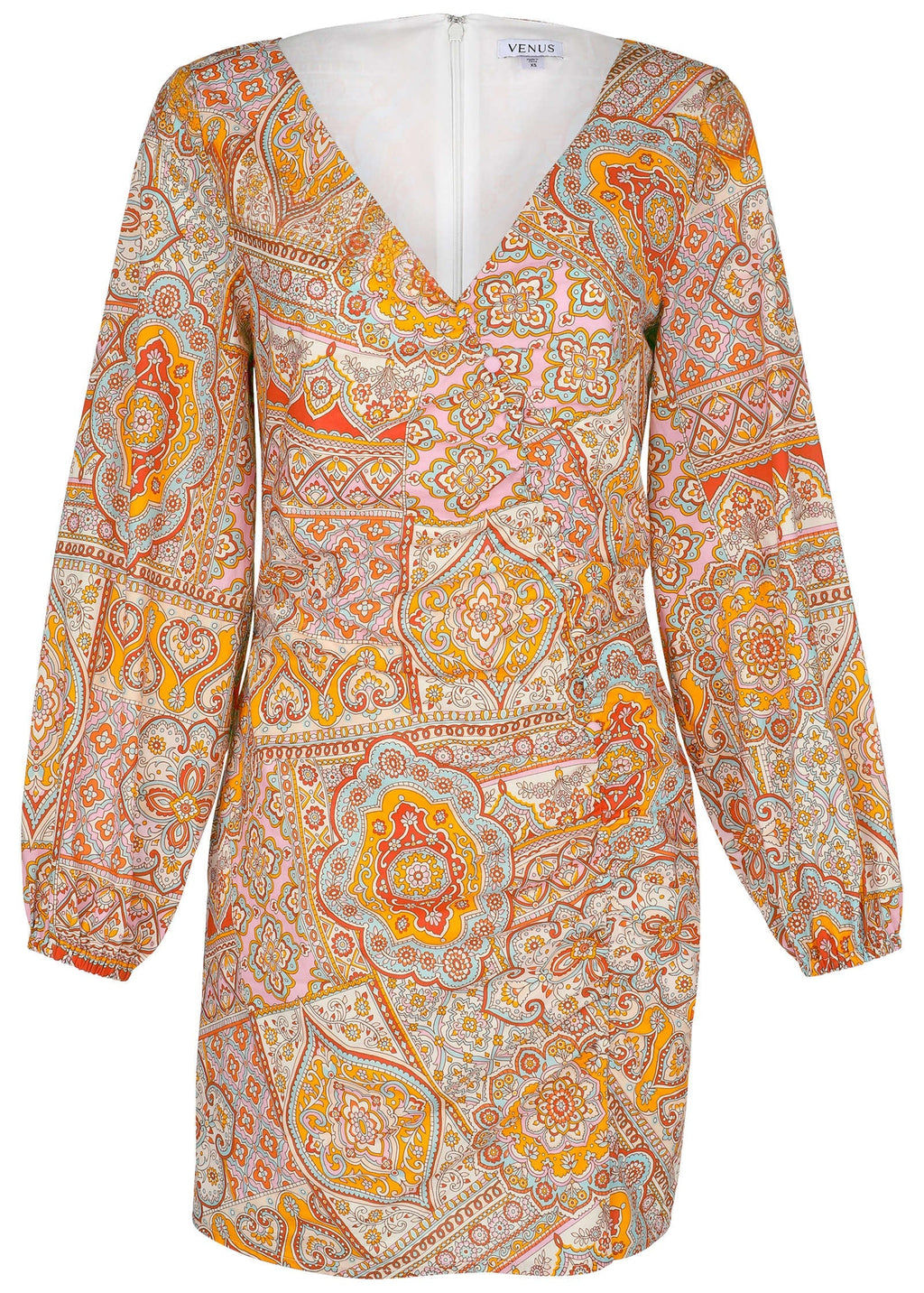 Balloon Sleeve Mini Dress - Medallion Golden Patchwork