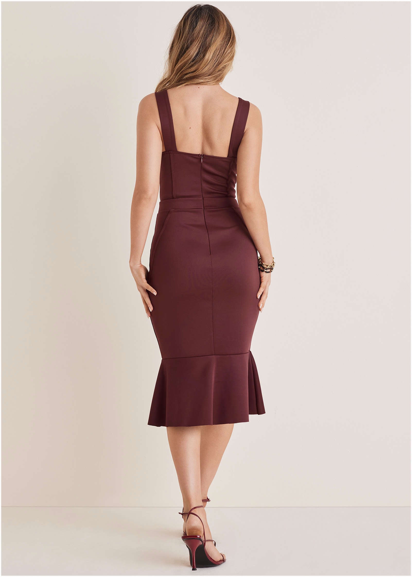 Ruffle Trim Midi Dress - Wine