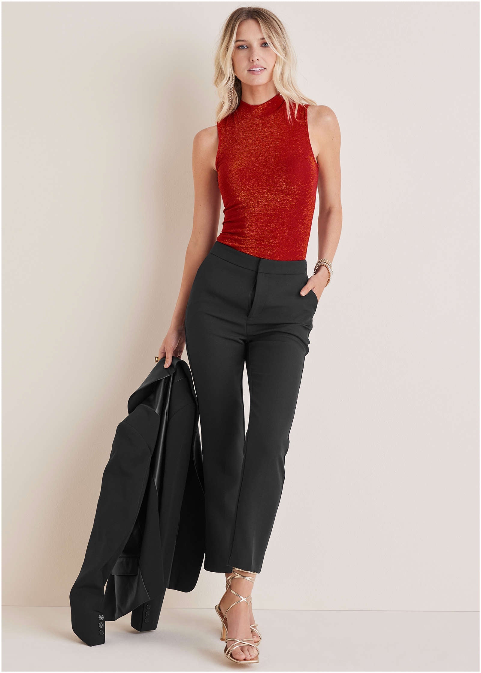 Glitter Knit Mock Neck Tank - Racing Red Glitter Knit