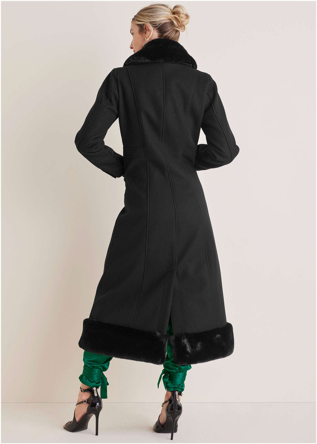 Faux-Fur Trim Long Coat - Jet Black