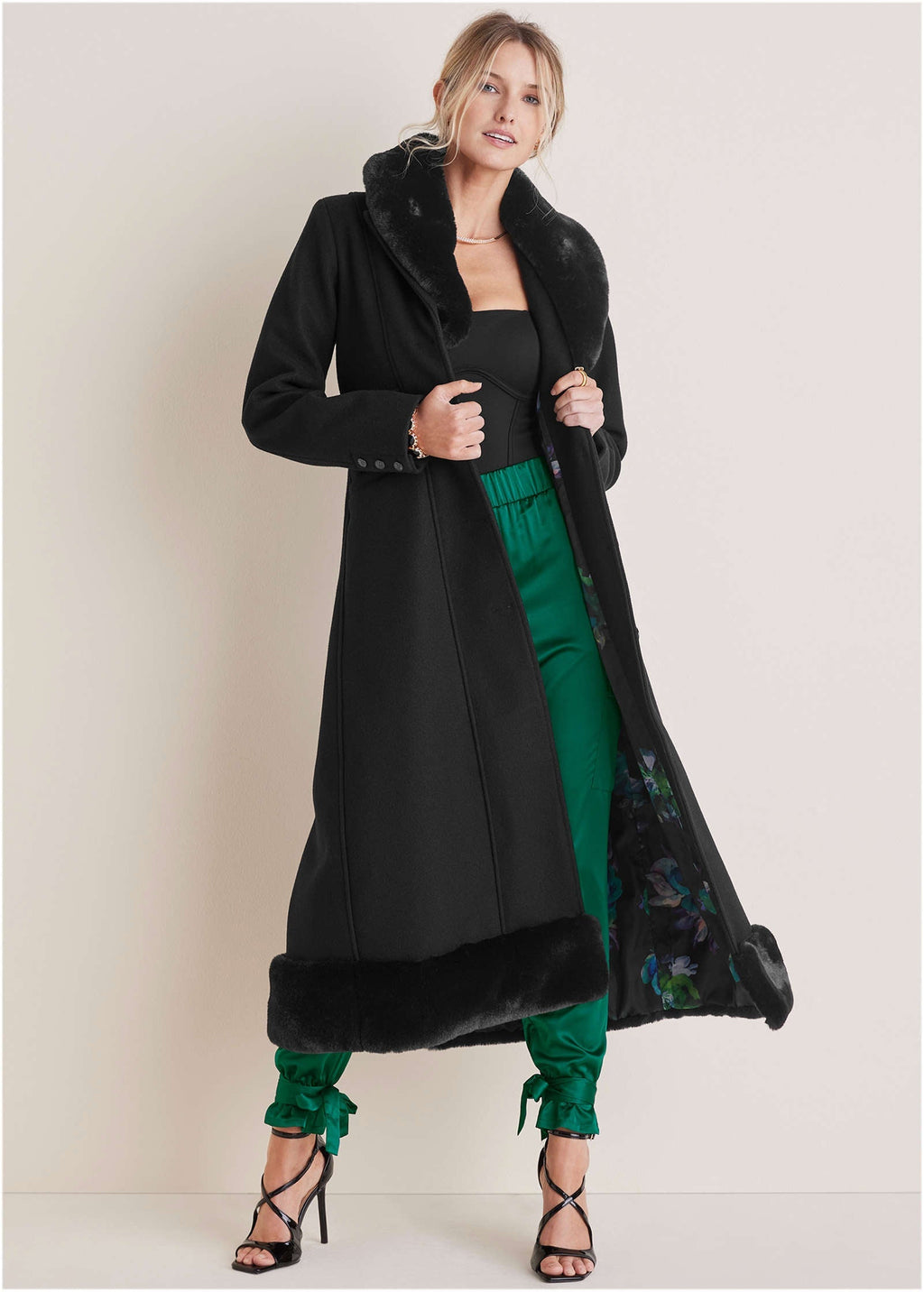 Faux-Fur Trim Long Coat - Jet Black