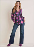 Balloon Sleeve Wrap Front Top - Electric Bouquet