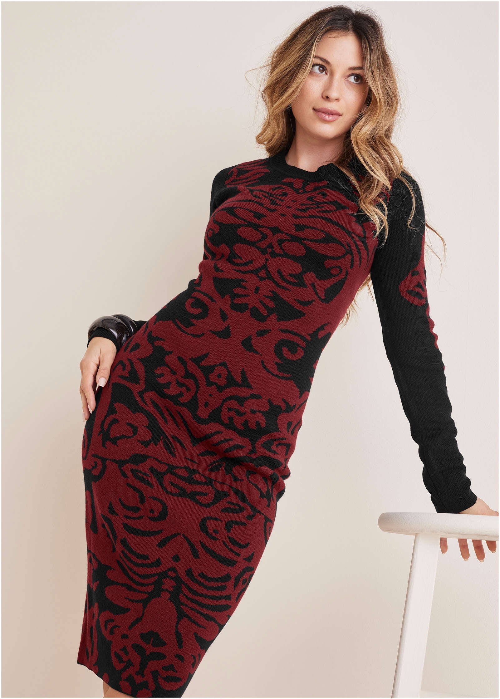Printed Midi Sweater Dress - Black & Wine
