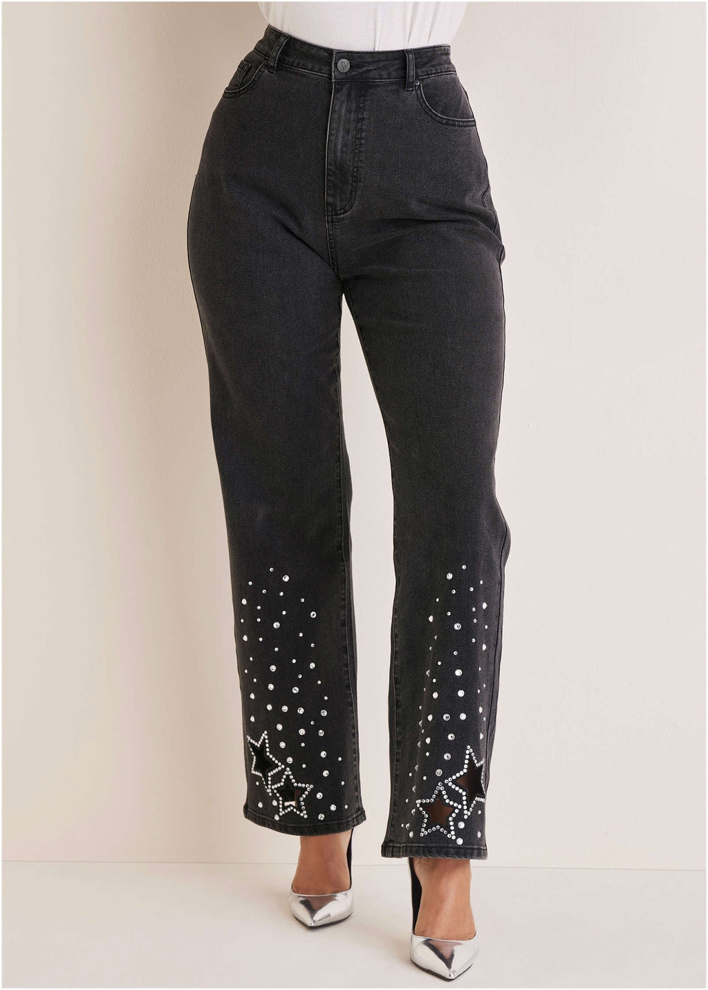 Rhinestone Embellished Jeans - Black Wash