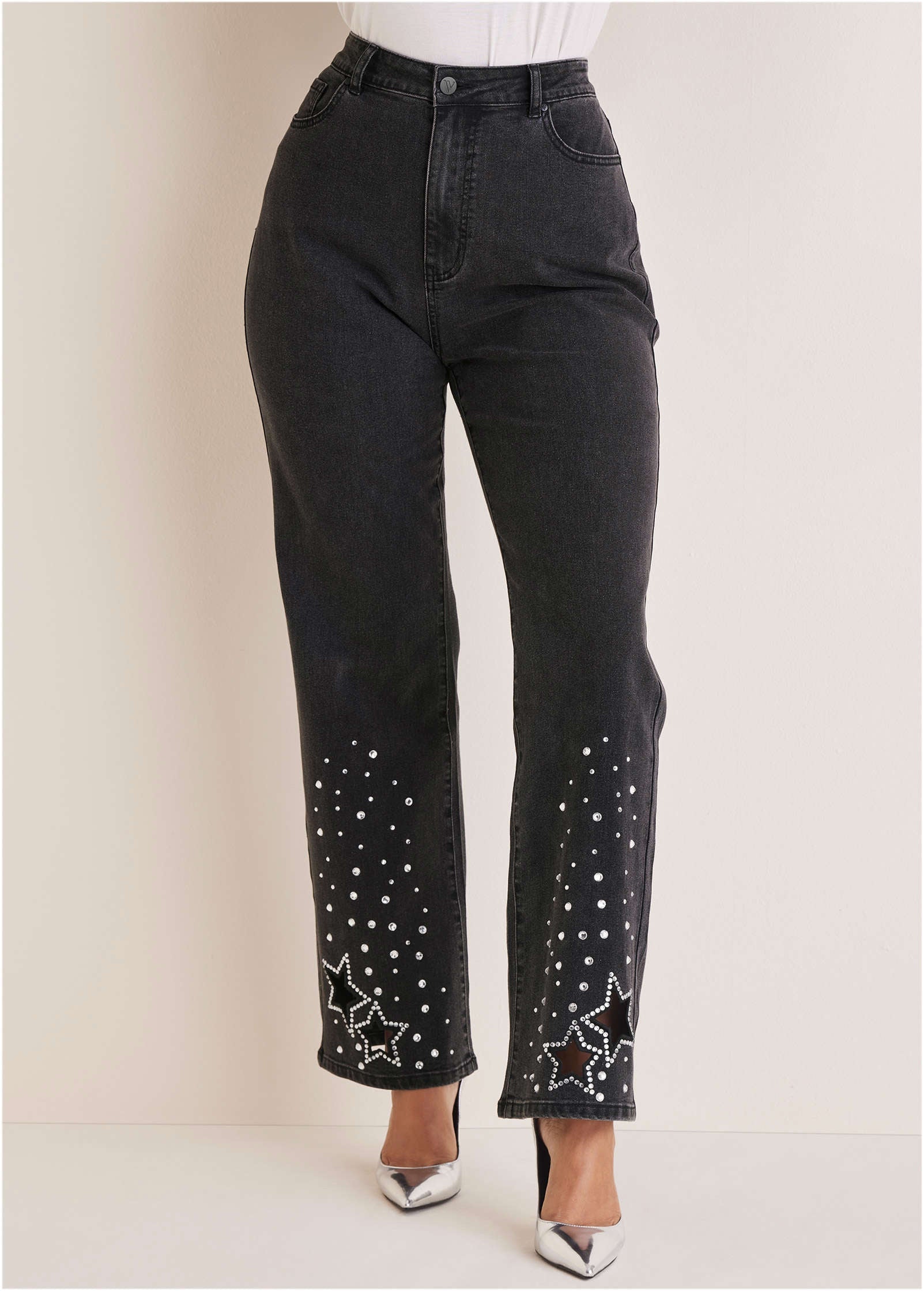 Rhinestone Embellished Jeans - Black Wash