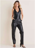 Faux Leather Jumpsuit - Jet Black