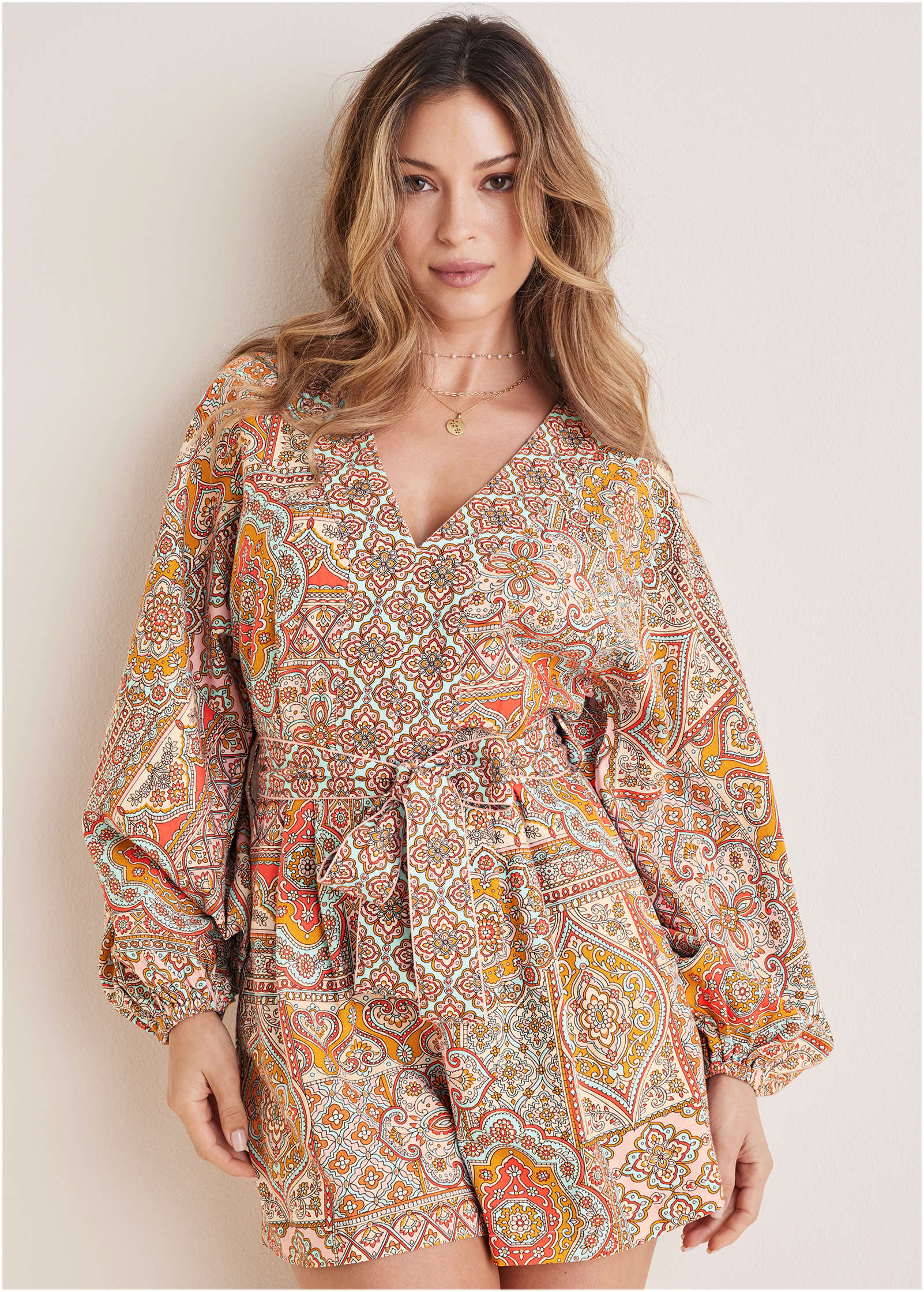 Linen Tie-Waist Romper - Medallion Golden Patchwork