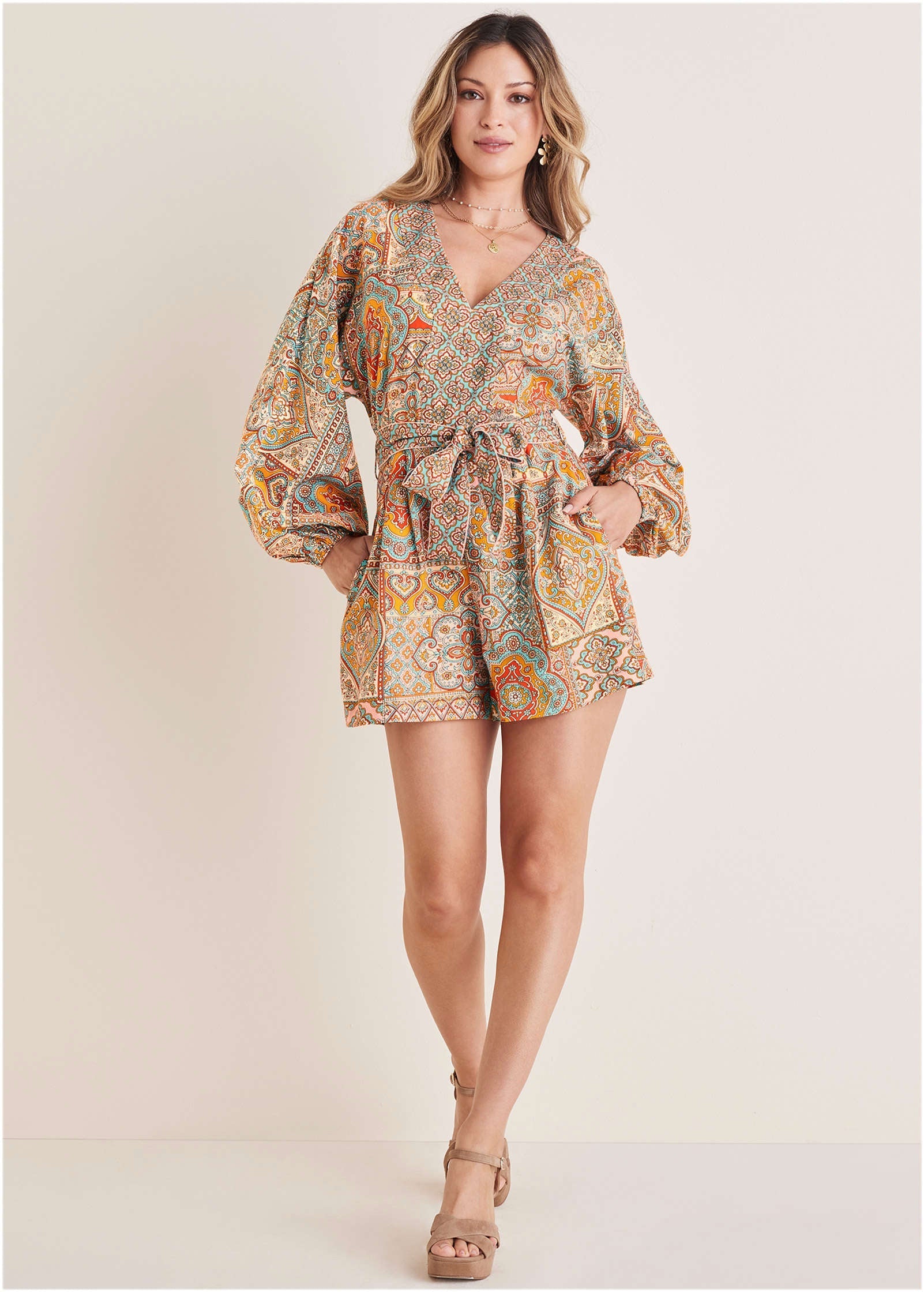Linen Tie-Waist Romper - Medallion Golden Patchwork