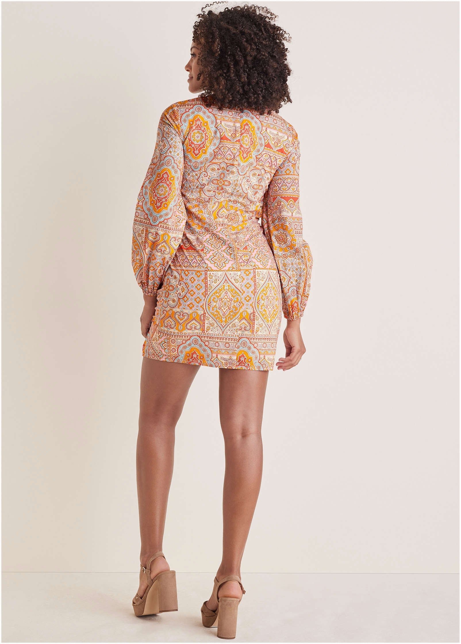 Balloon Sleeve Mini Dress - Medallion Golden Patchwork