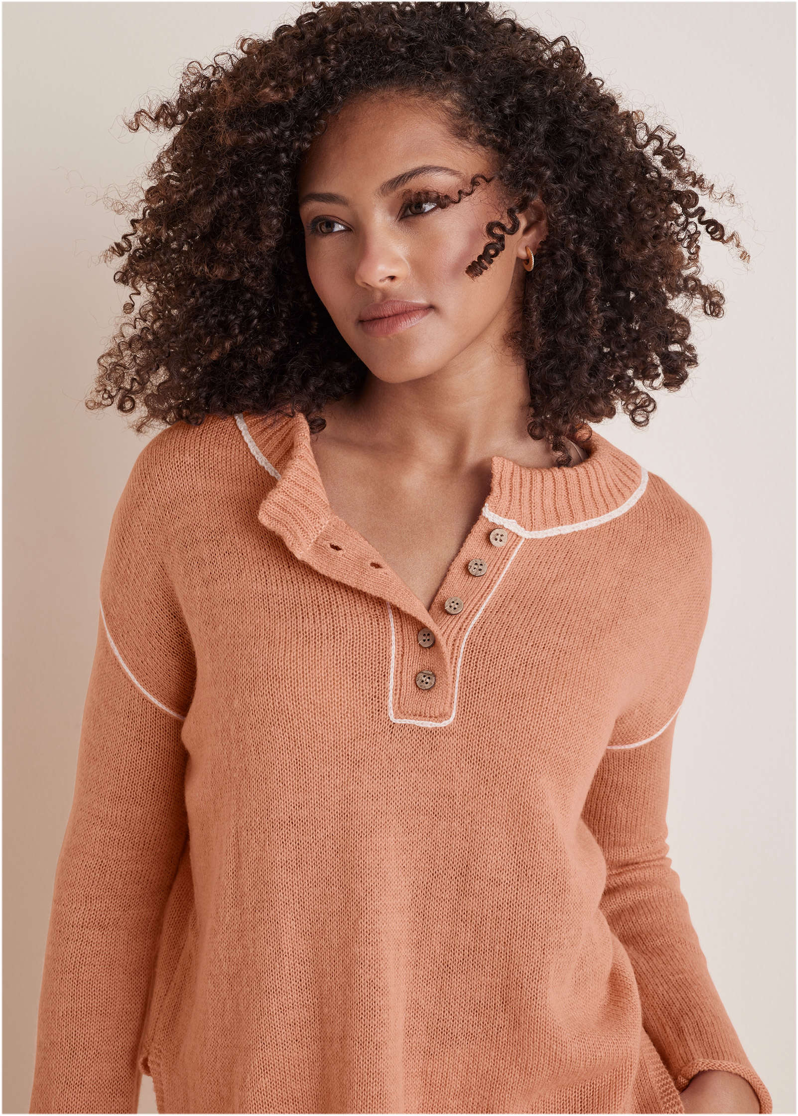 Contrast Stitch Henley - Dusty Rose