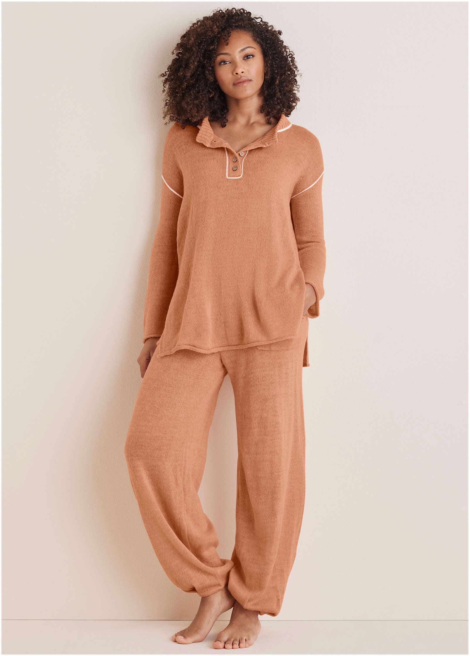 Contrast Stitch Henley - Dusty Rose