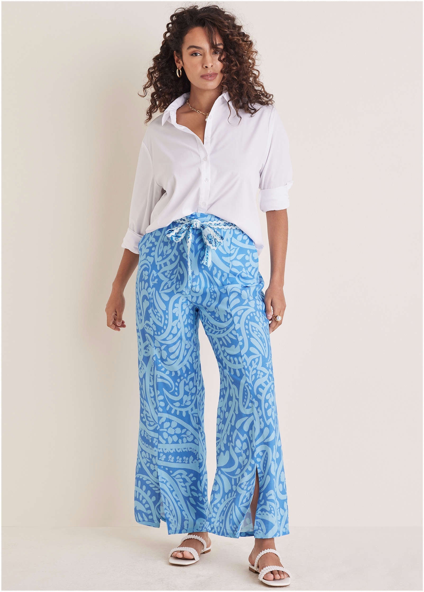 Front Slit Printed Pant - Blue Allover Spring Paisley