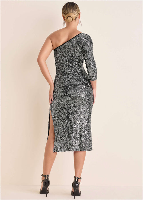 All Over Sequin Midi Dress - Silver