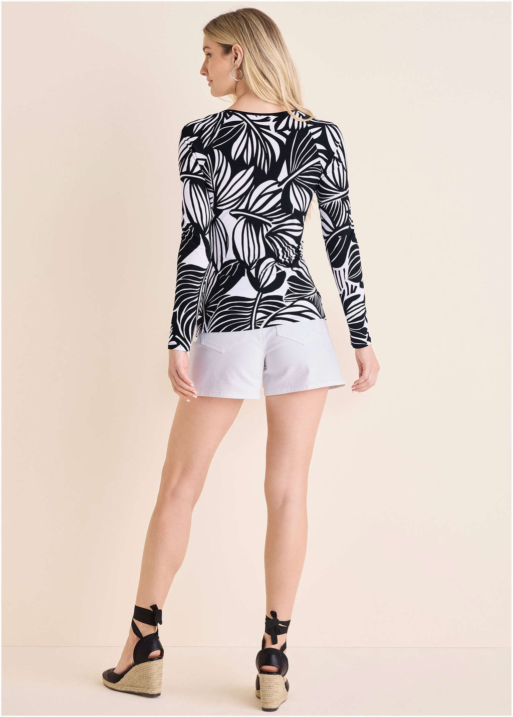 Asymmetric Neck Top - Black Contrast Bold Leaves