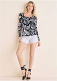 Asymmetric Neck Top - Black Contrast Bold Leaves