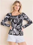 Asymmetric Neck Top - Black Contrast Bold Leaves