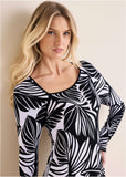 Asymmetric Neck Top - Black Contrast Bold Leaves