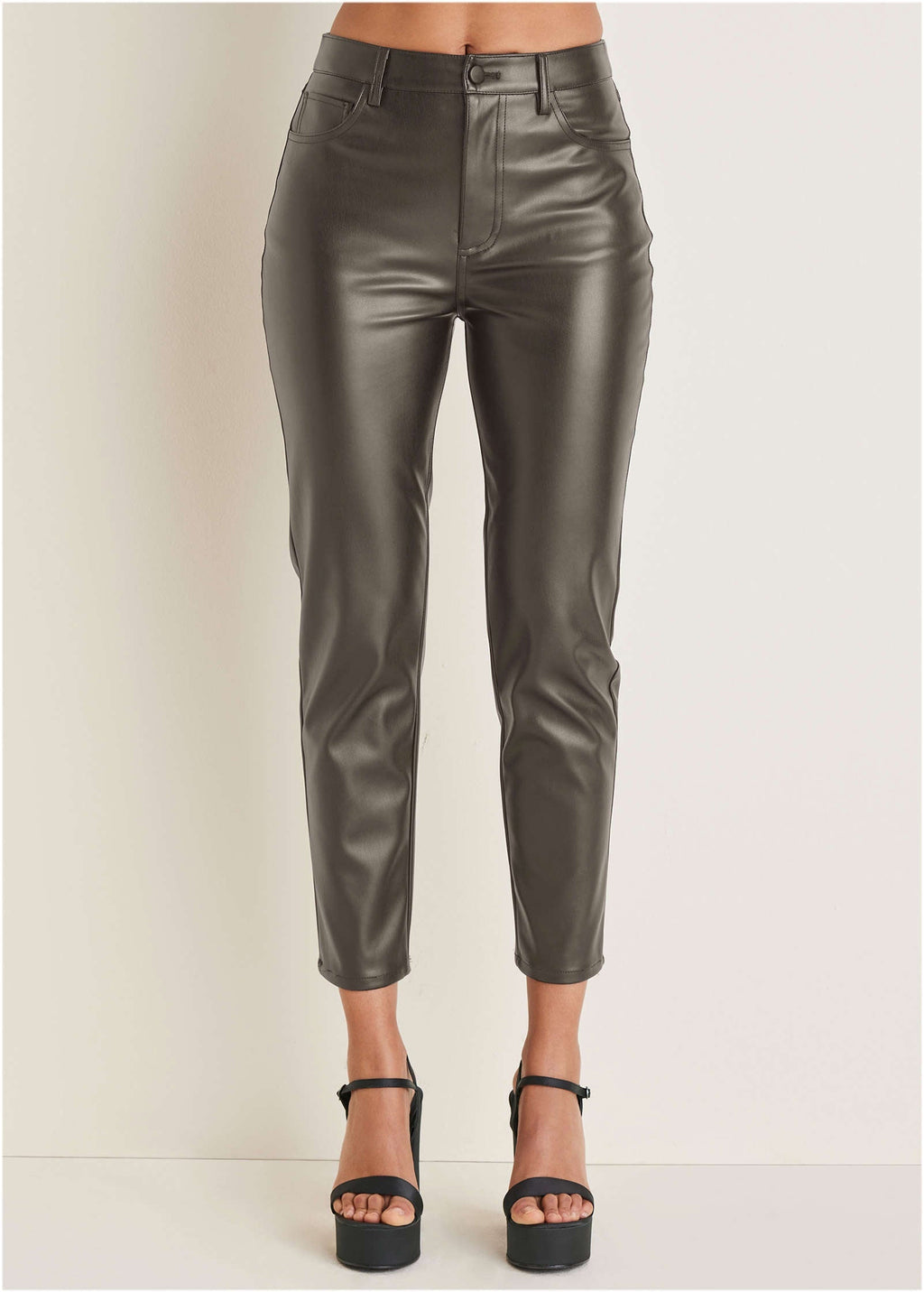 Faux Leather Straight Pants - Brown