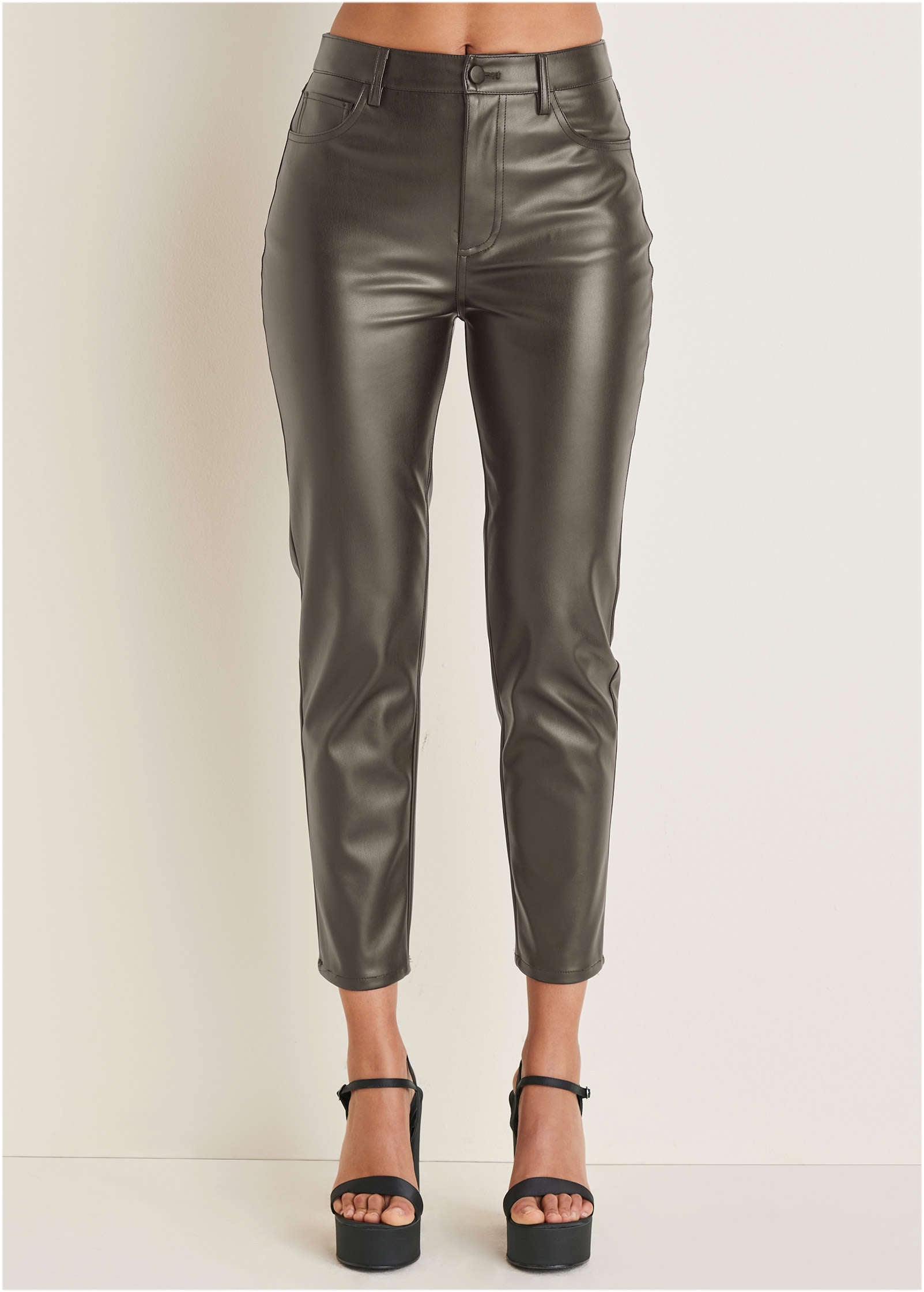 Faux Leather Straight Pants - Brown
