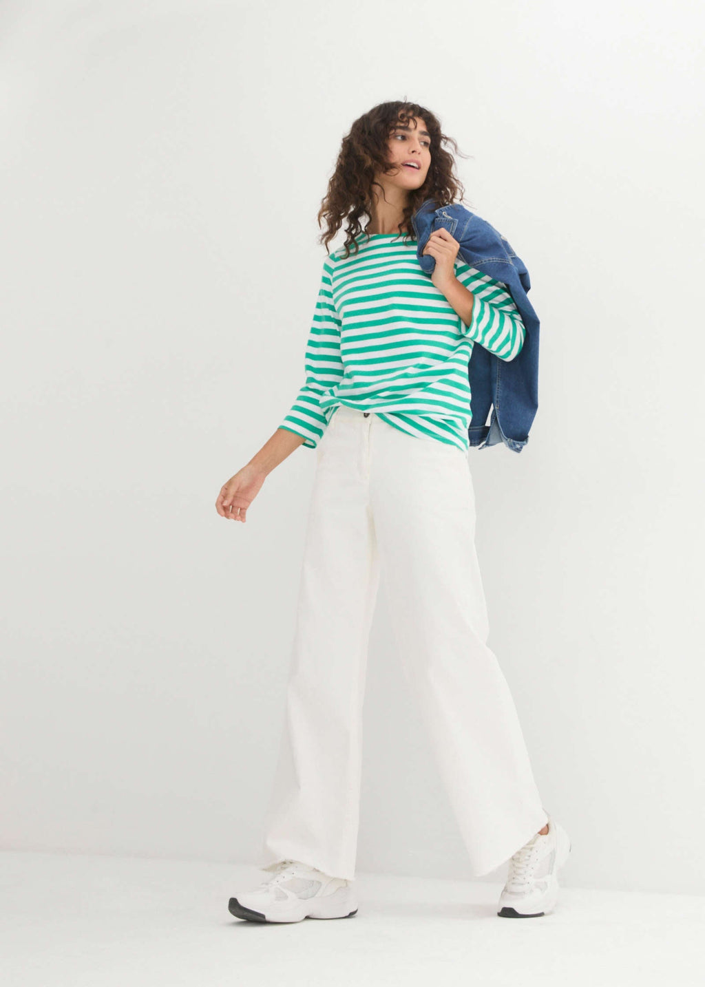 Boat Neck Striped Top - White & Jade