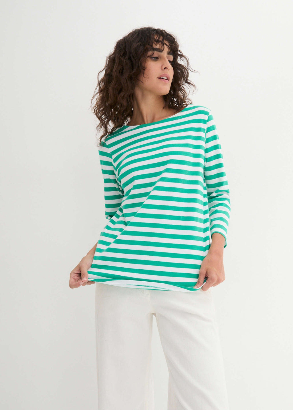 Boat Neck Striped Top - White & Jade