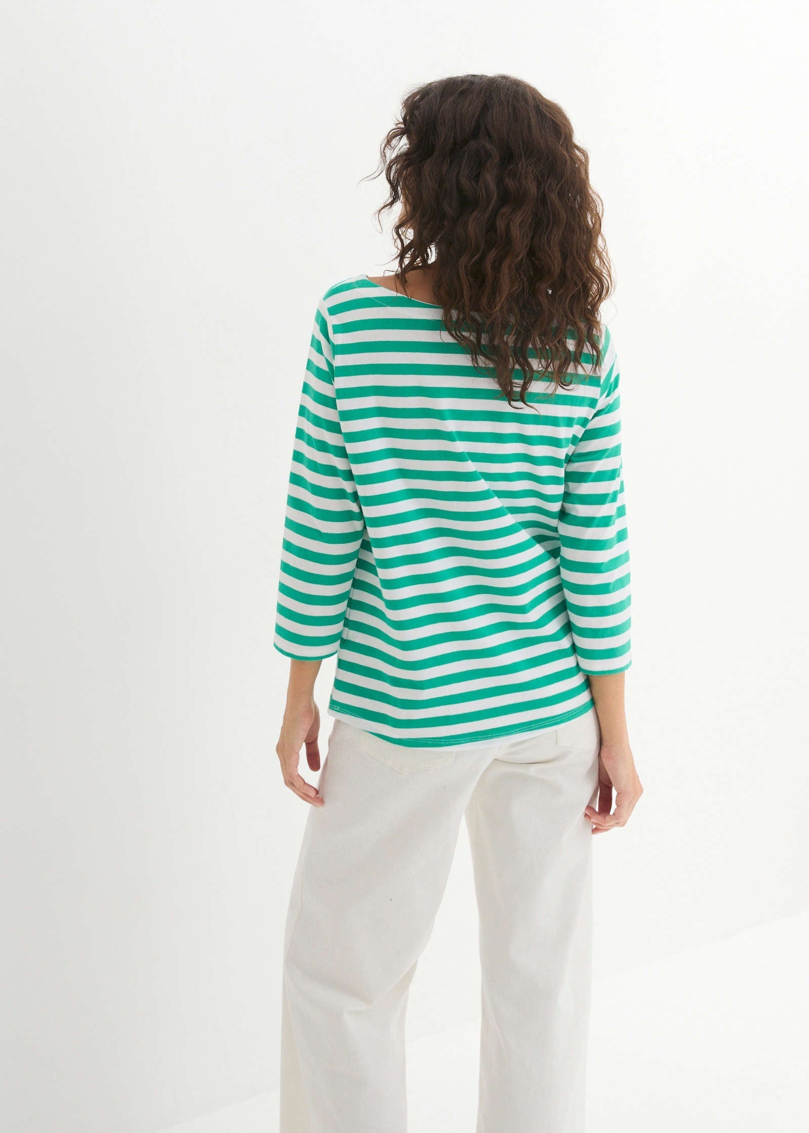 Boat Neck Striped Top - White & Jade