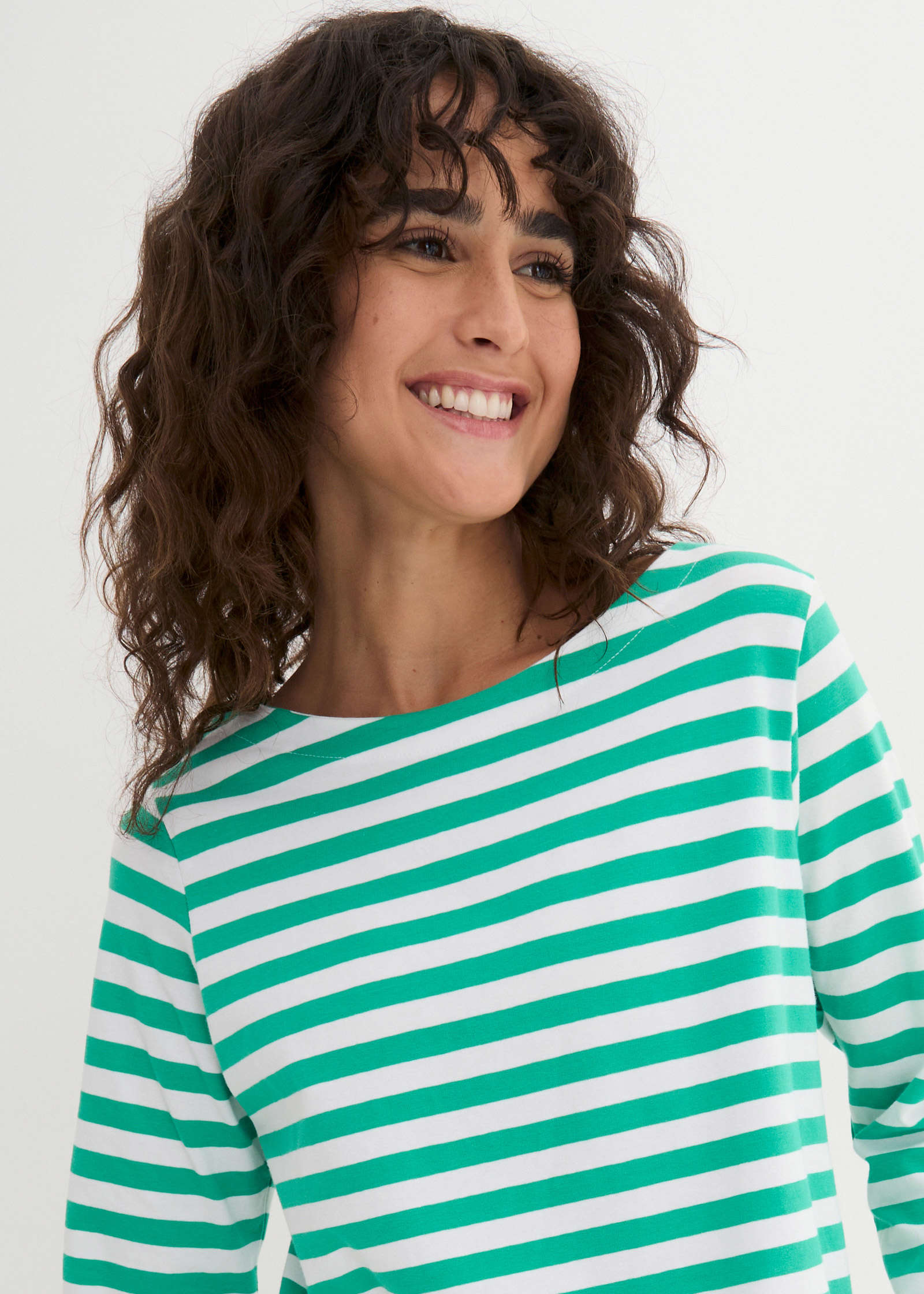Boat Neck Striped Top - White & Jade