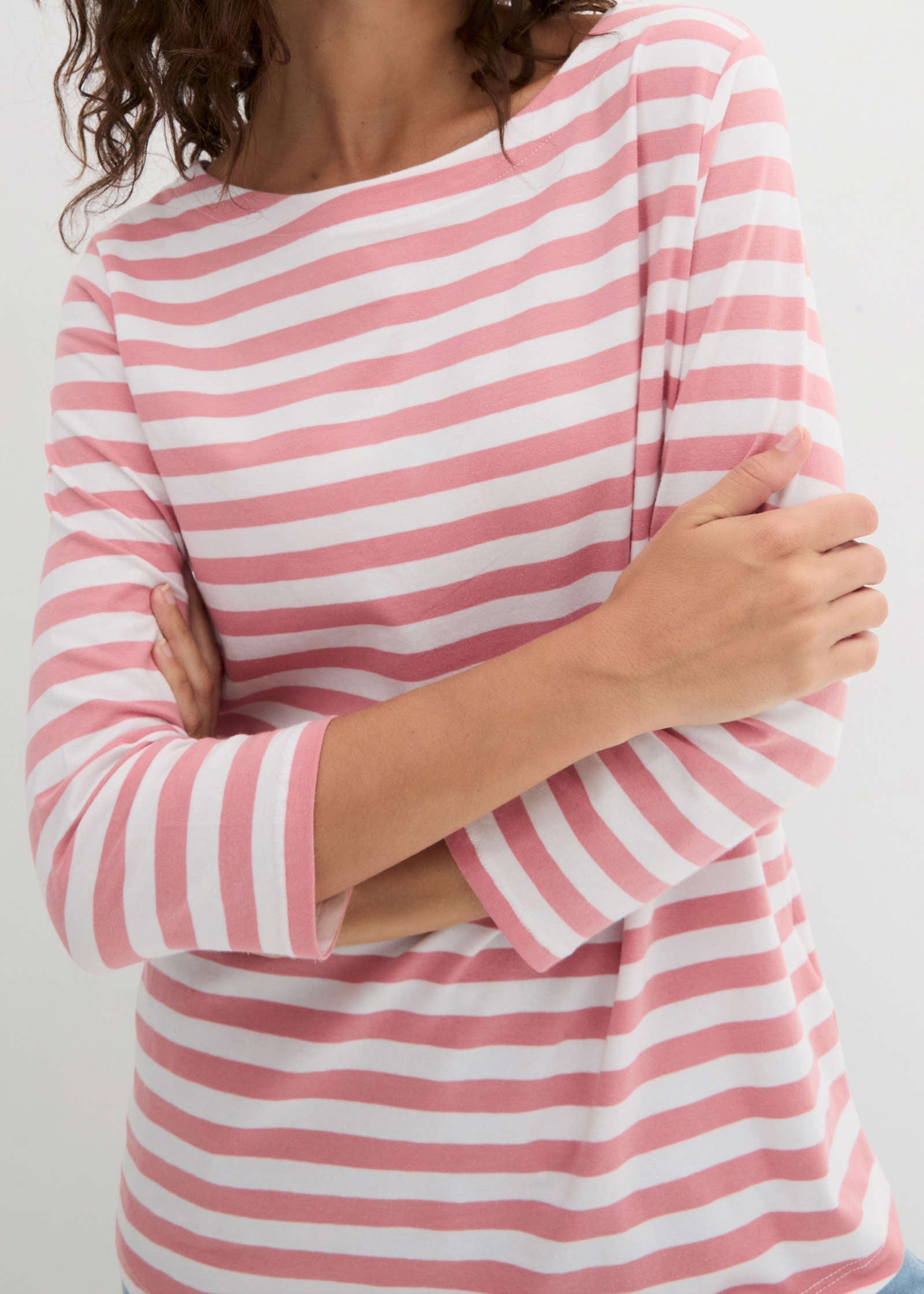 Boat Neck Striped Top - Pale Pink & White