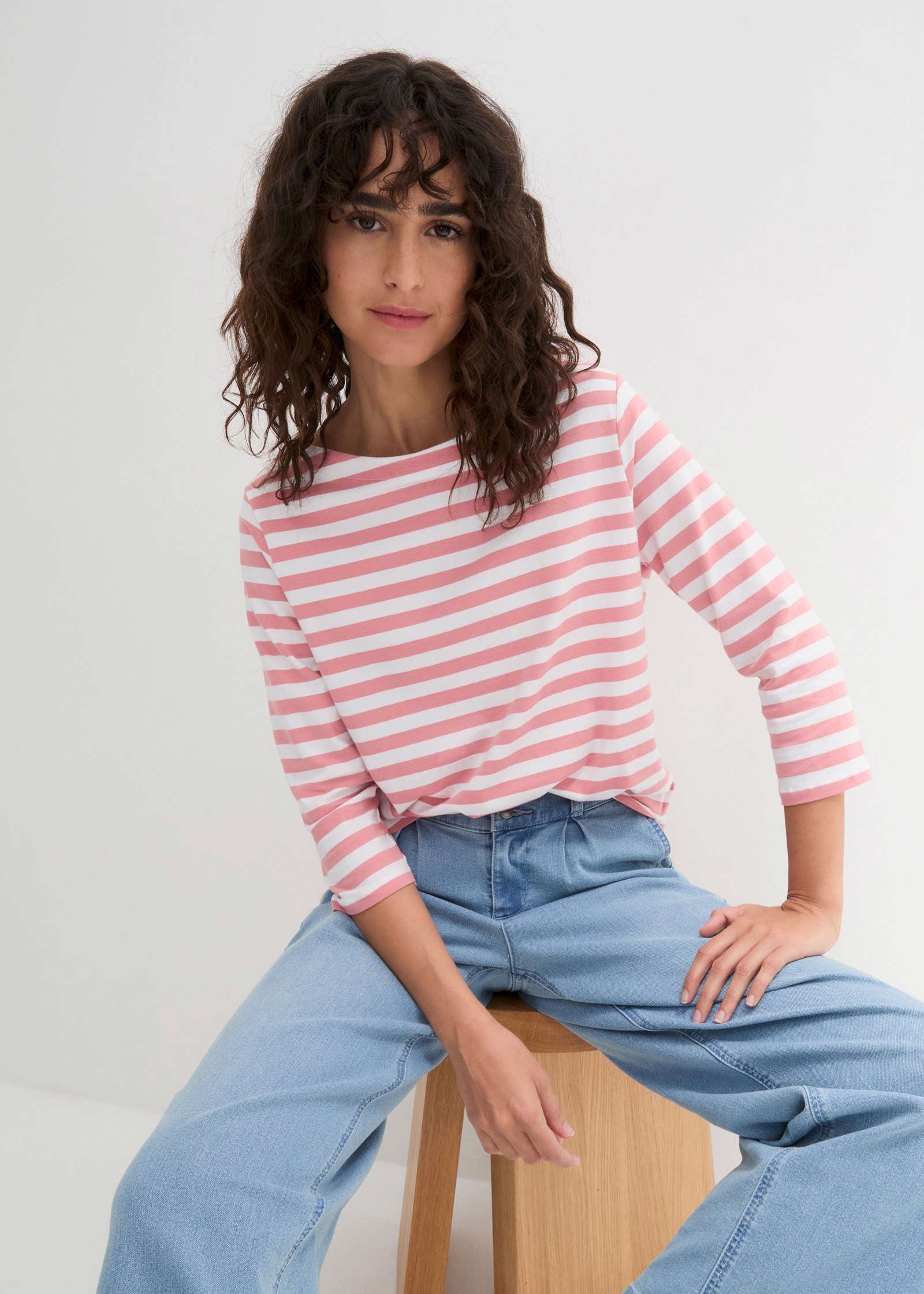 Boat Neck Striped Top - Pale Pink & White