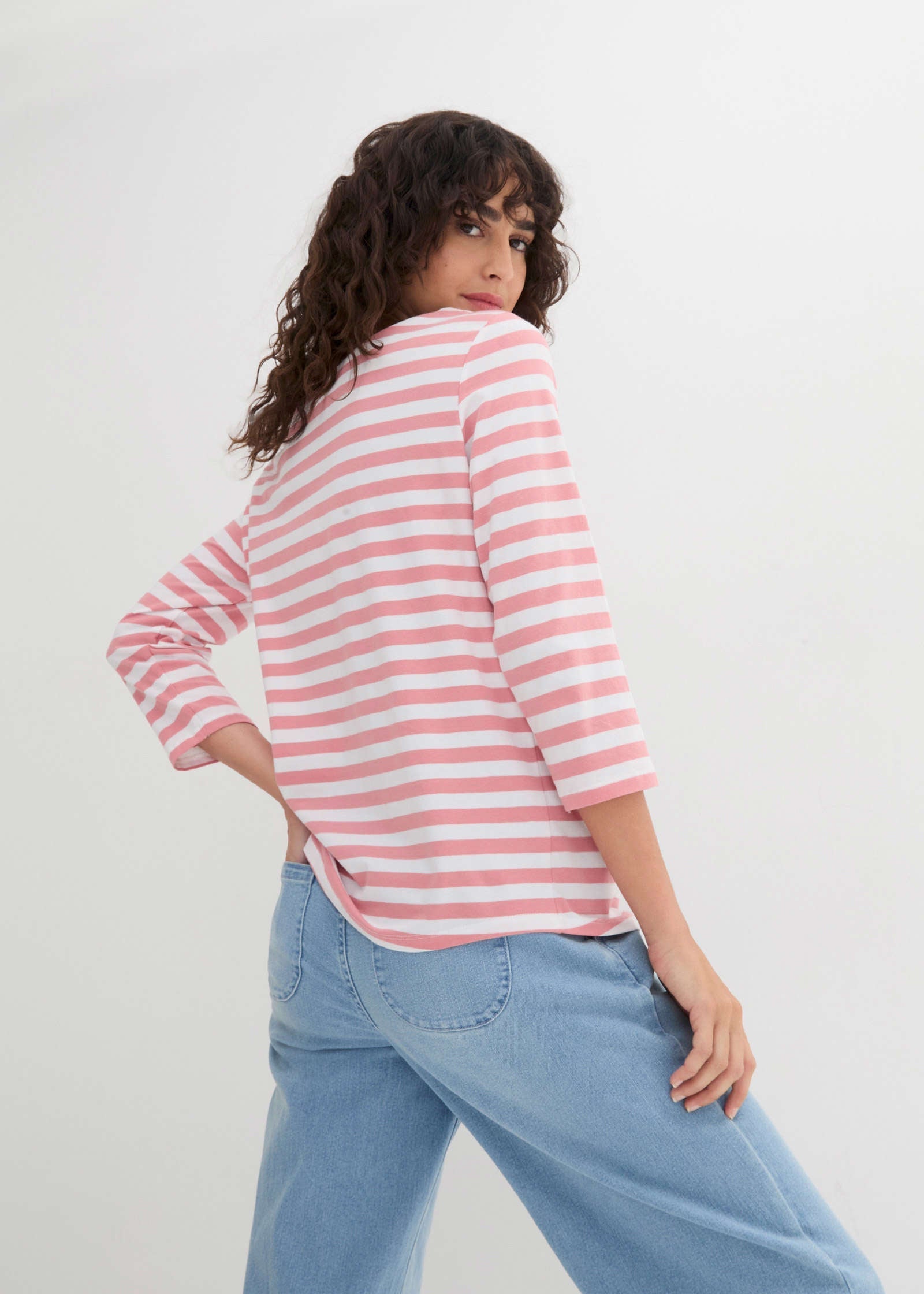 Boat Neck Striped Top - Pale Pink & White