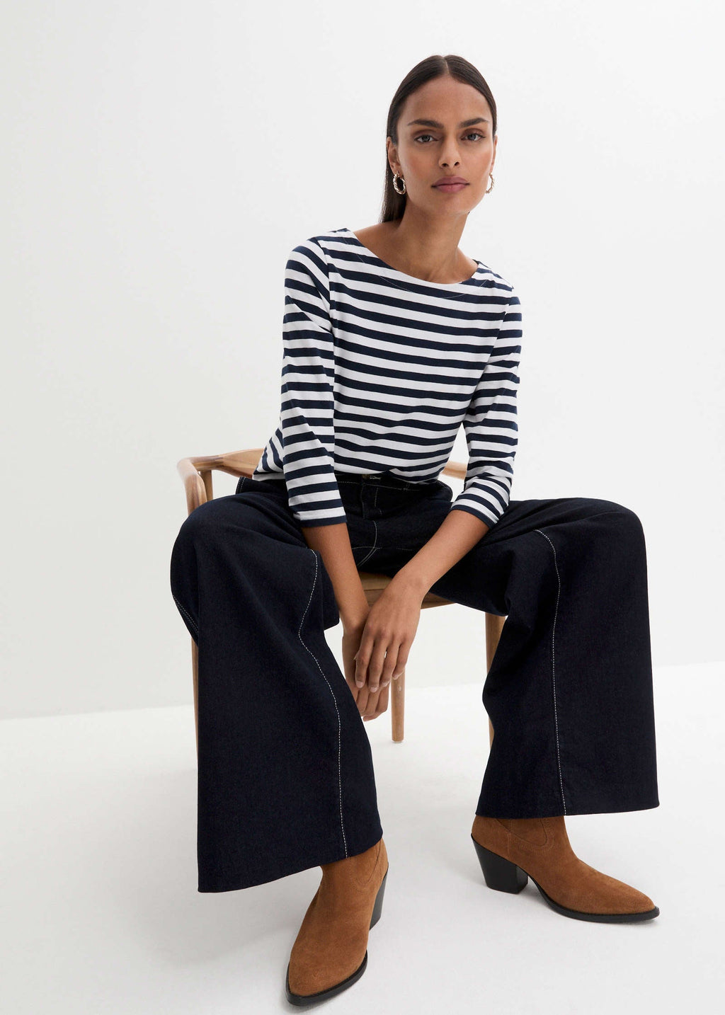 Boat Neck Striped Top - White & Navy Stripe