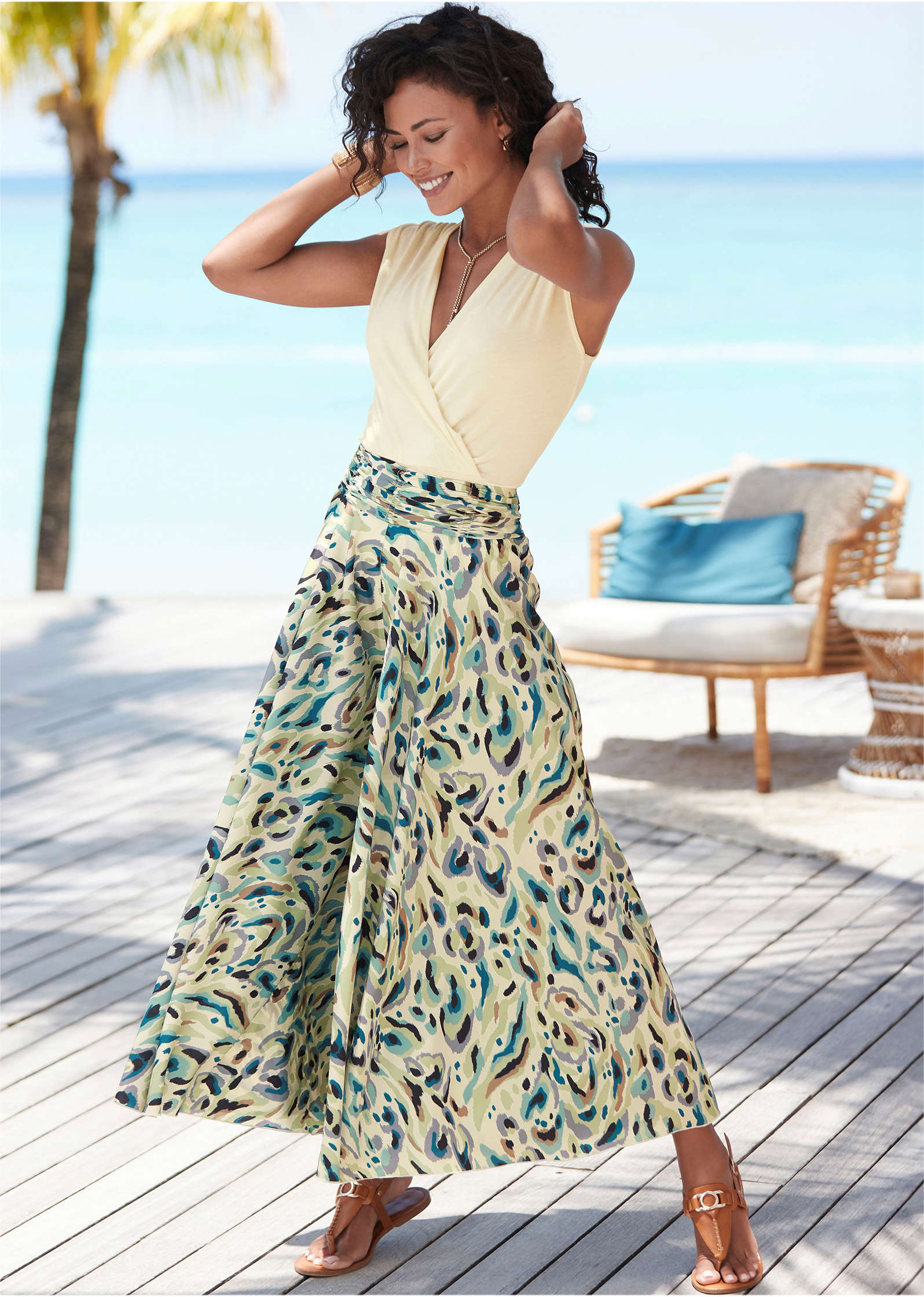 Printed Smocked Pants - Sand Multi