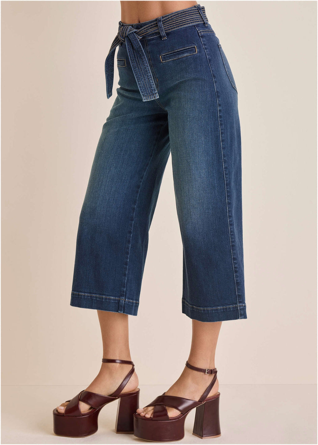Belted Wide Leg Crop Jean - Dark Wash