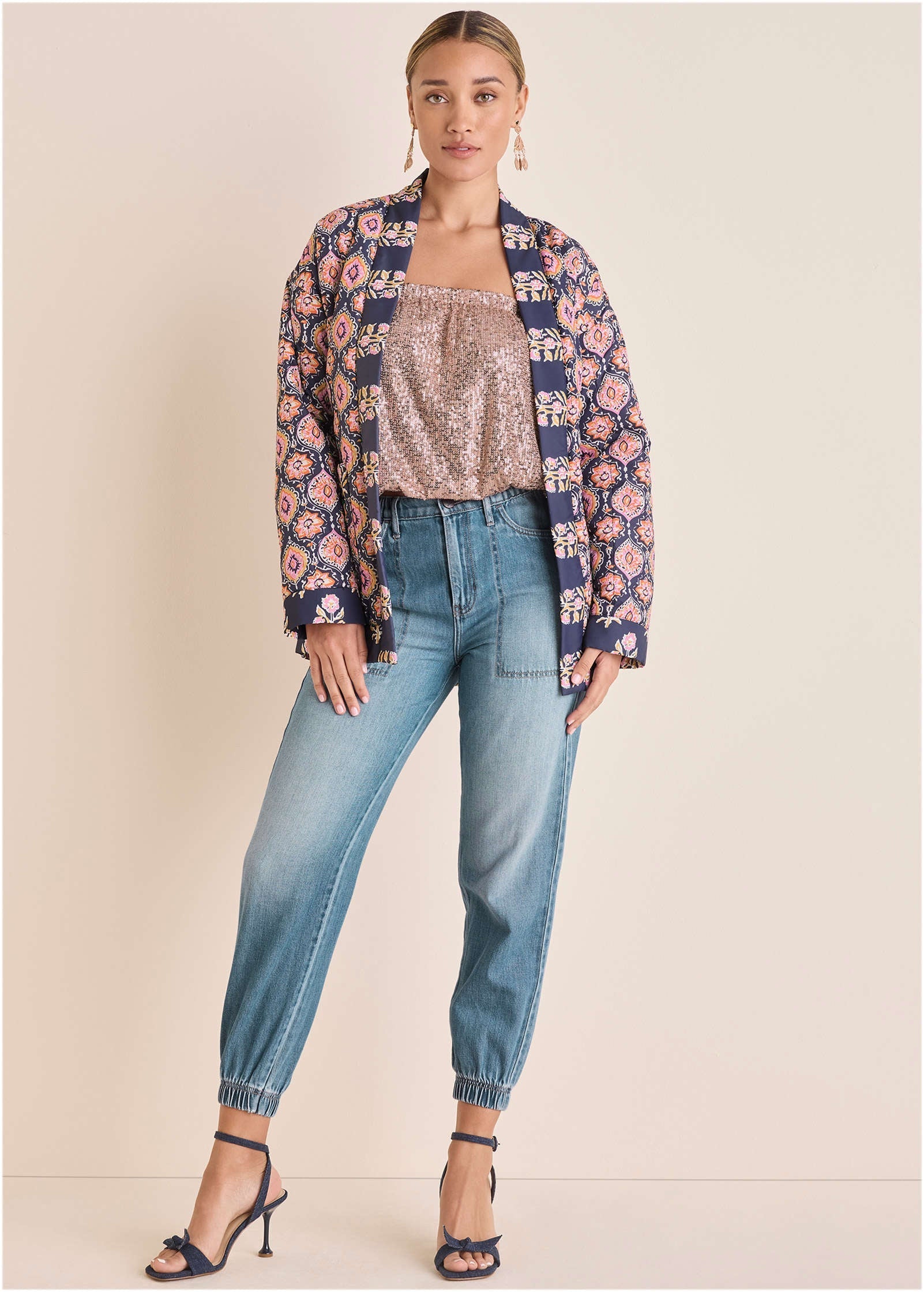 Quilted Jacket With Tie - Blue & Pink