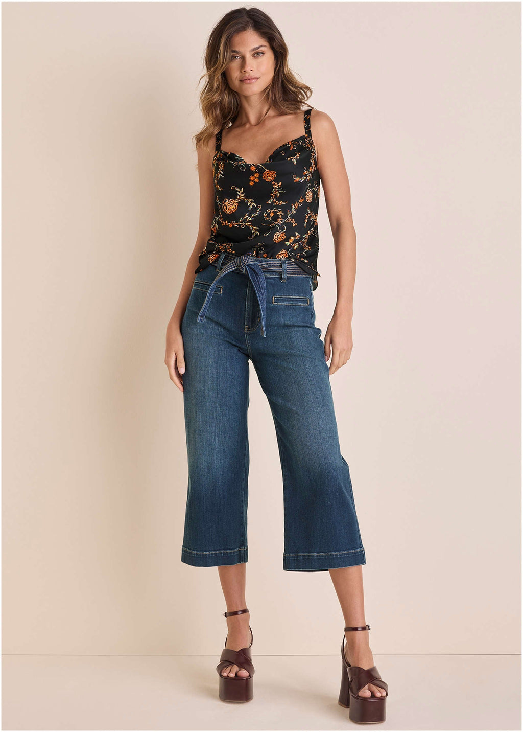 Belted Wide Leg Crop Jean - Dark Wash