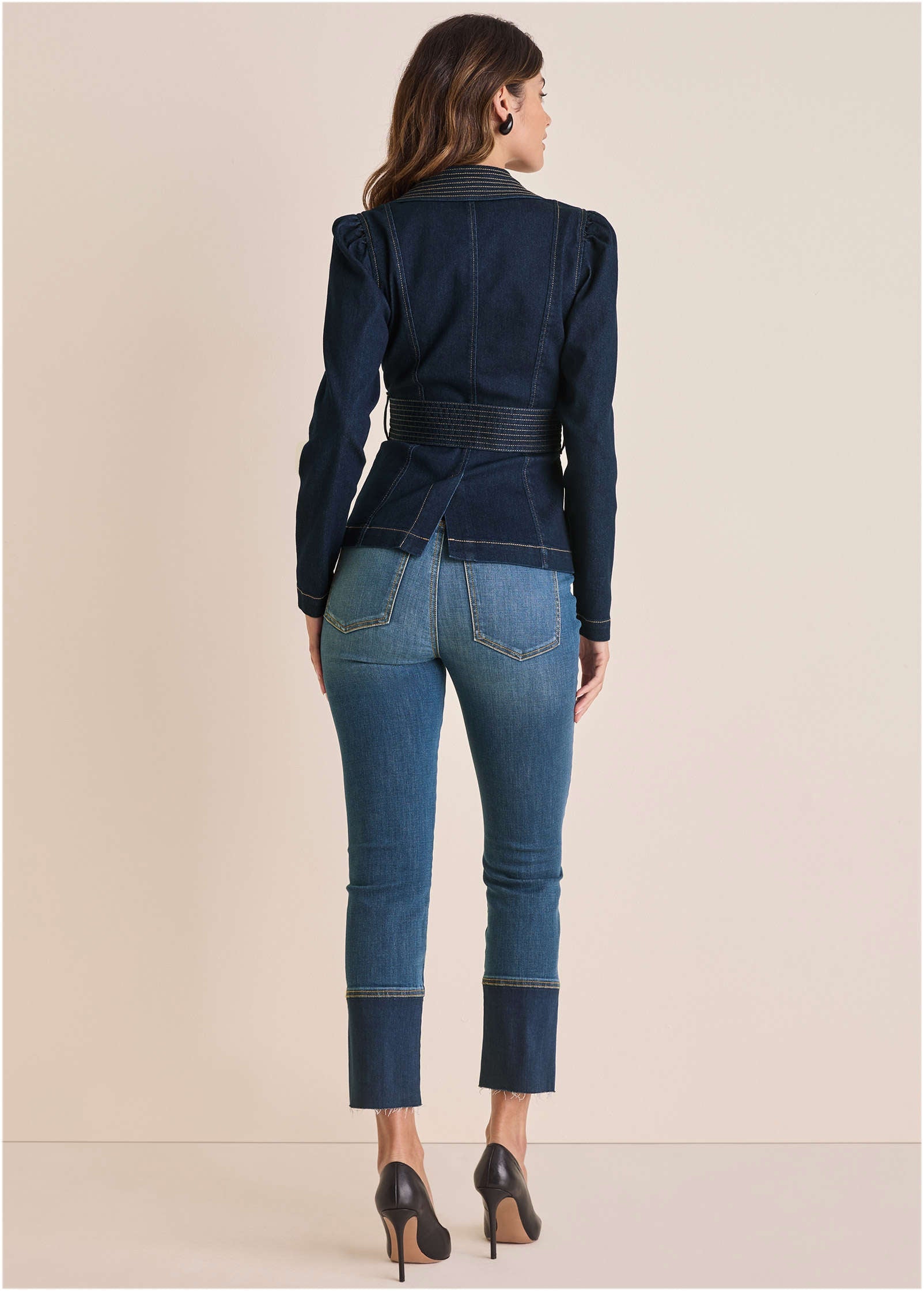 Puff Shoulder Denim Blazer - Dark Wash