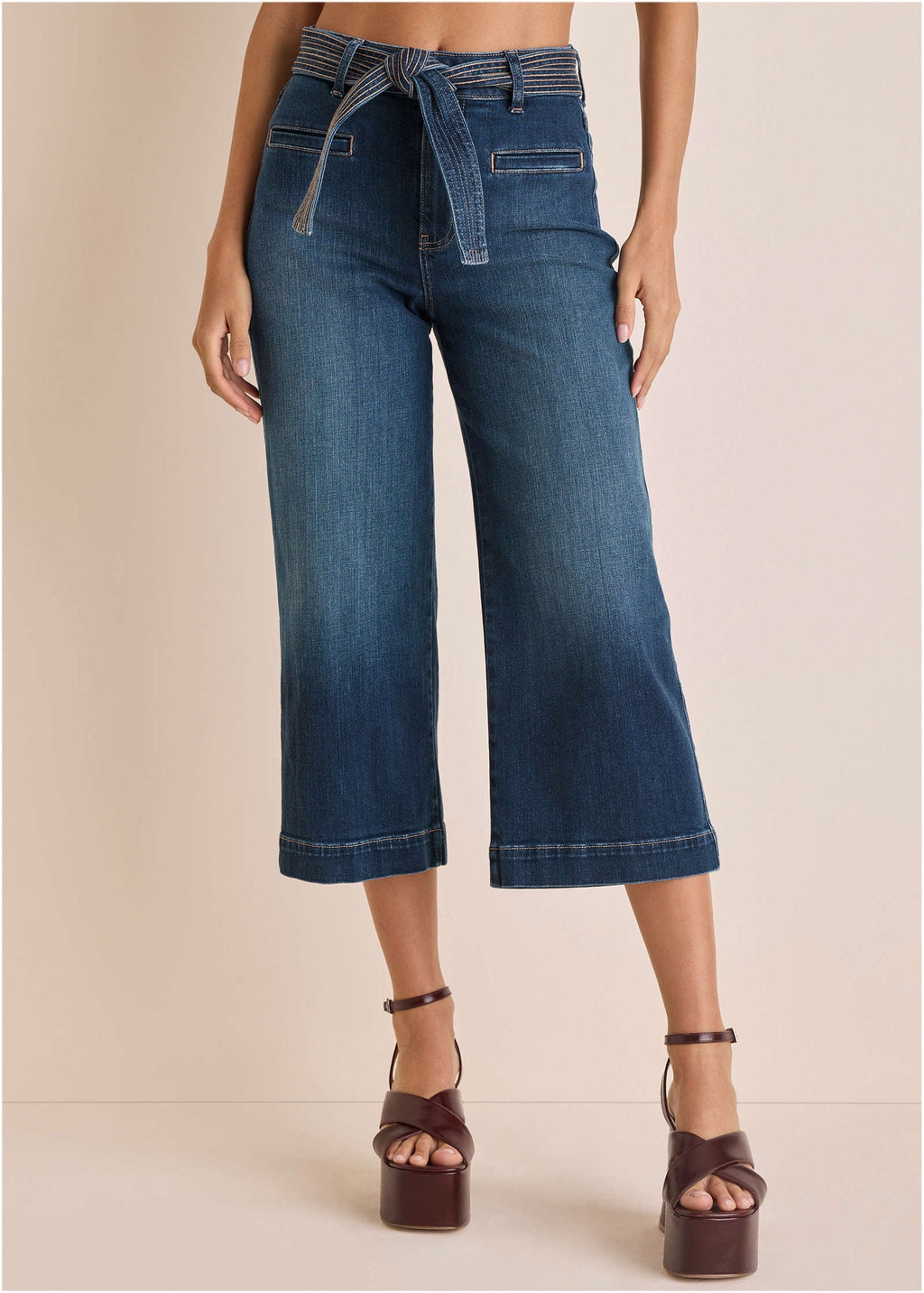 Belted Wide Leg Crop Jean - Dark Wash