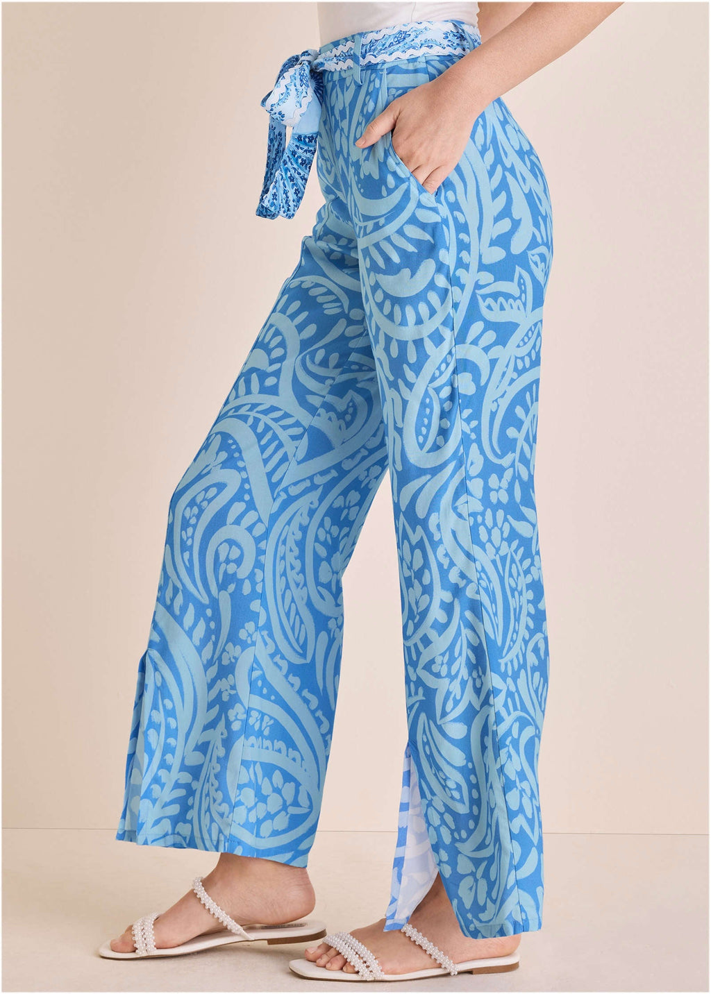 Front Slit Printed Pant - Blue Allover Spring Paisley