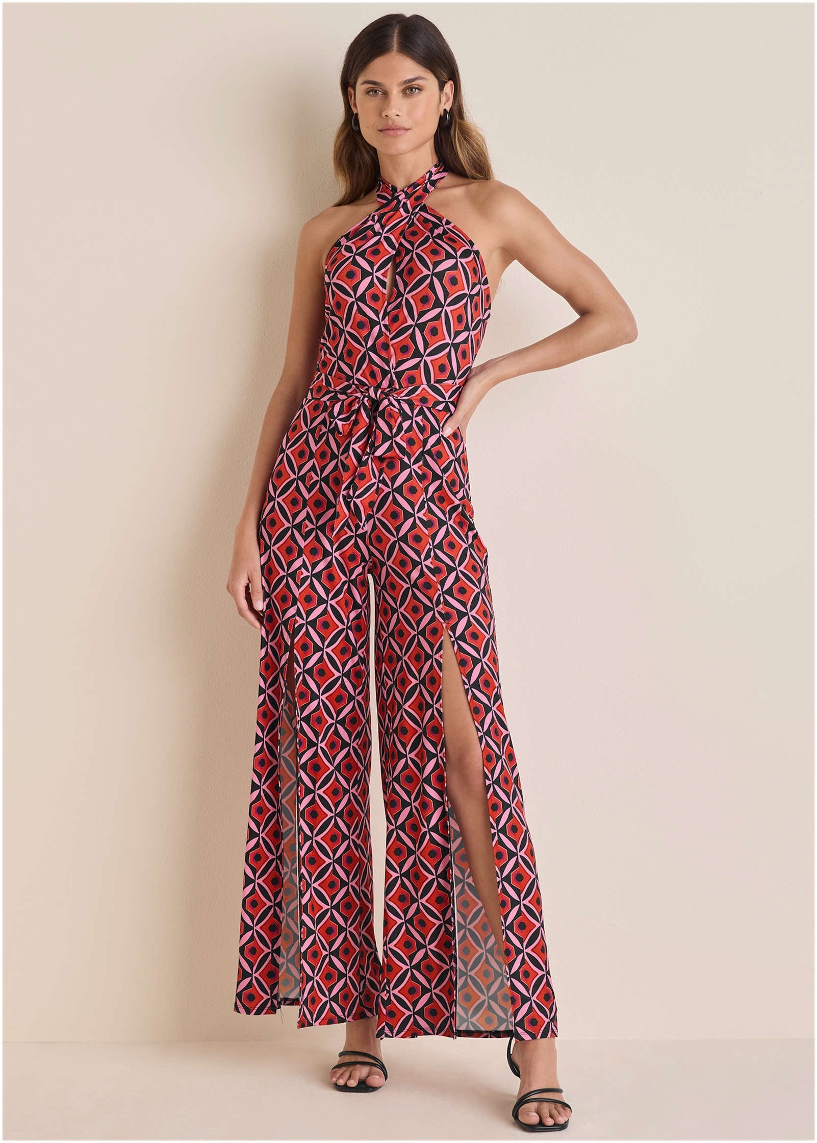 Cross Halter Jumpsuit - Red Lagoon Geo