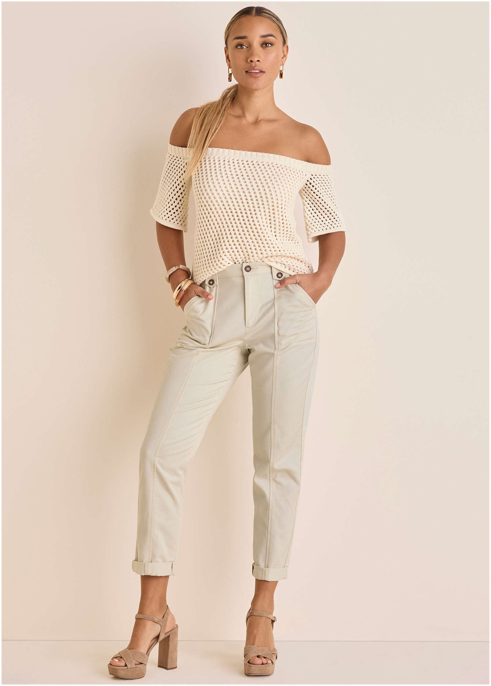 Rolled Hem Chino Pant  - Cream